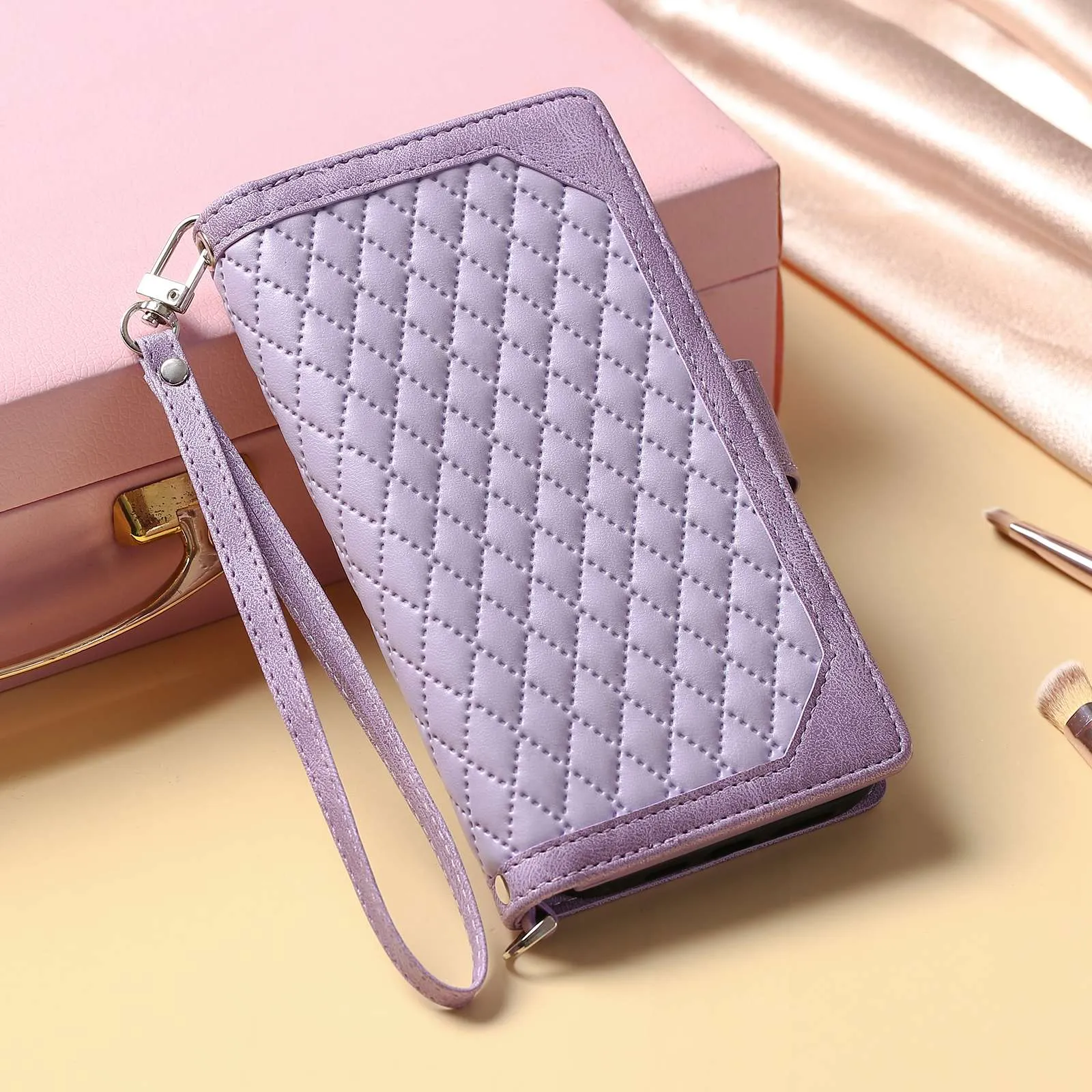 005 Style for Samsung Galaxy A72 4G / 5G Zipper Pocket Design Rhombus Texture Phone Cover PU Leather Stand Wallet Protective Case with Wrist Strap