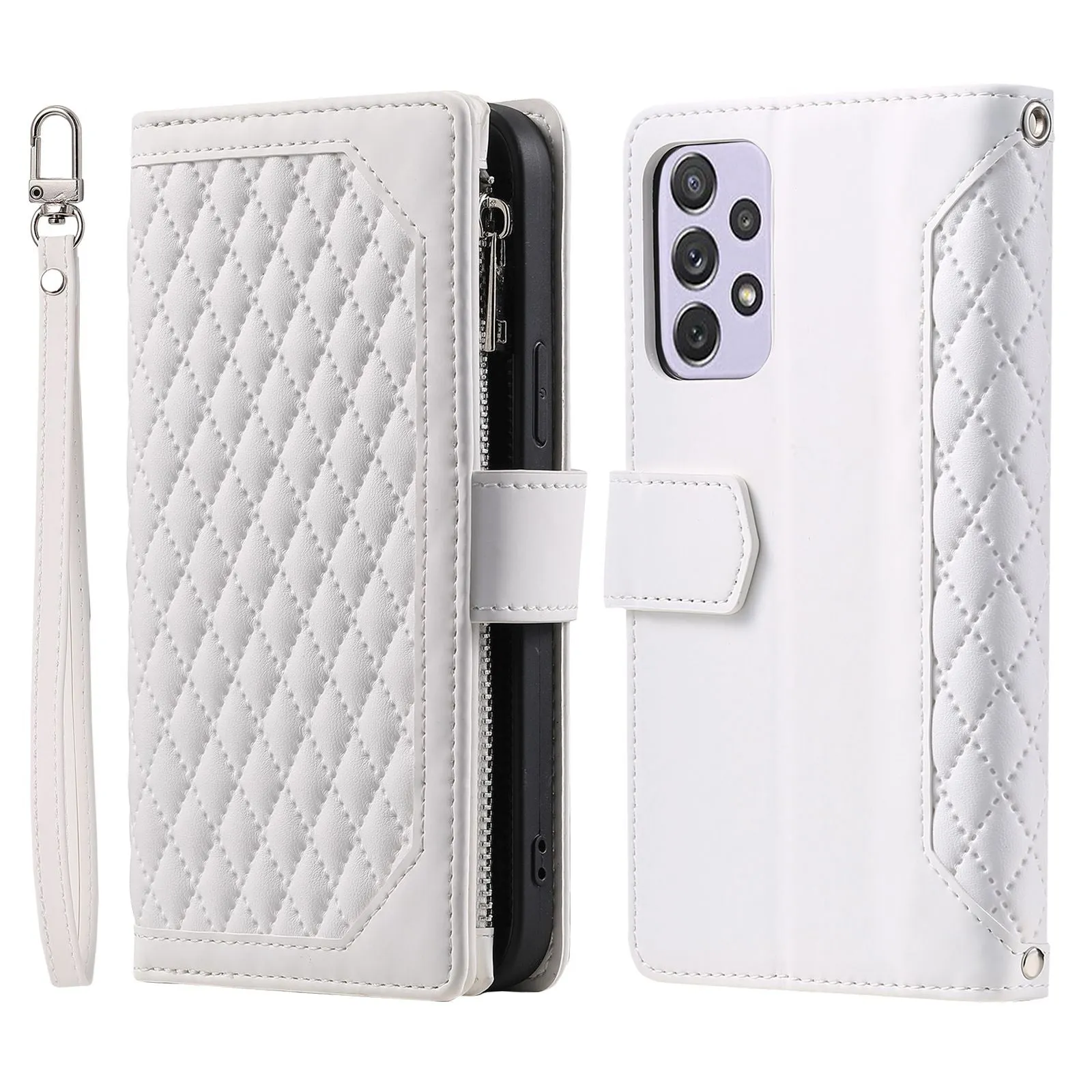 005 Style for Samsung Galaxy A72 4G / 5G Zipper Pocket Design Rhombus Texture Phone Cover PU Leather Stand Wallet Protective Case with Wrist Strap