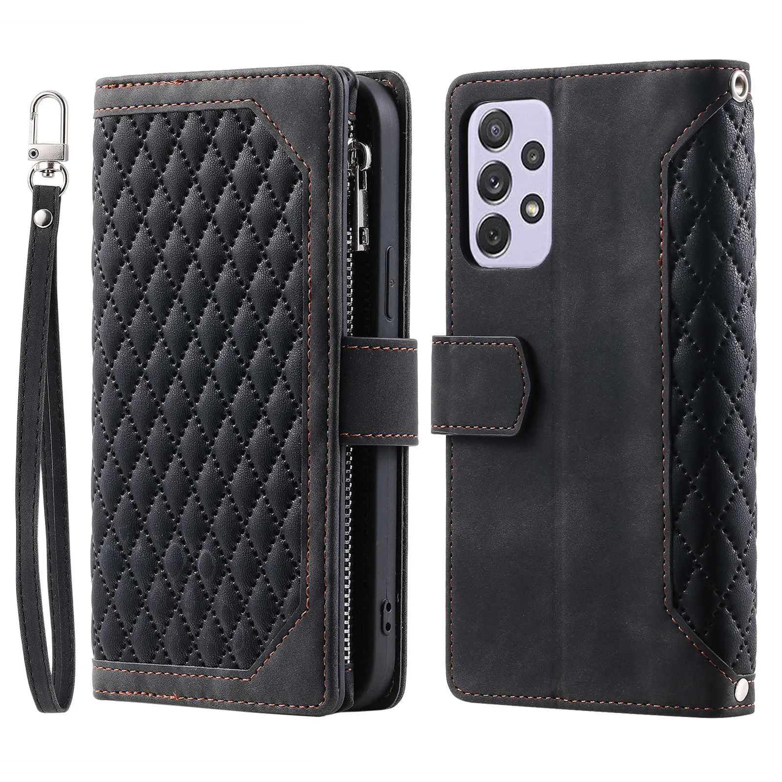 005 Style for Samsung Galaxy A72 4G / 5G Zipper Pocket Design Rhombus Texture Phone Cover PU Leather Stand Wallet Protective Case with Wrist Strap