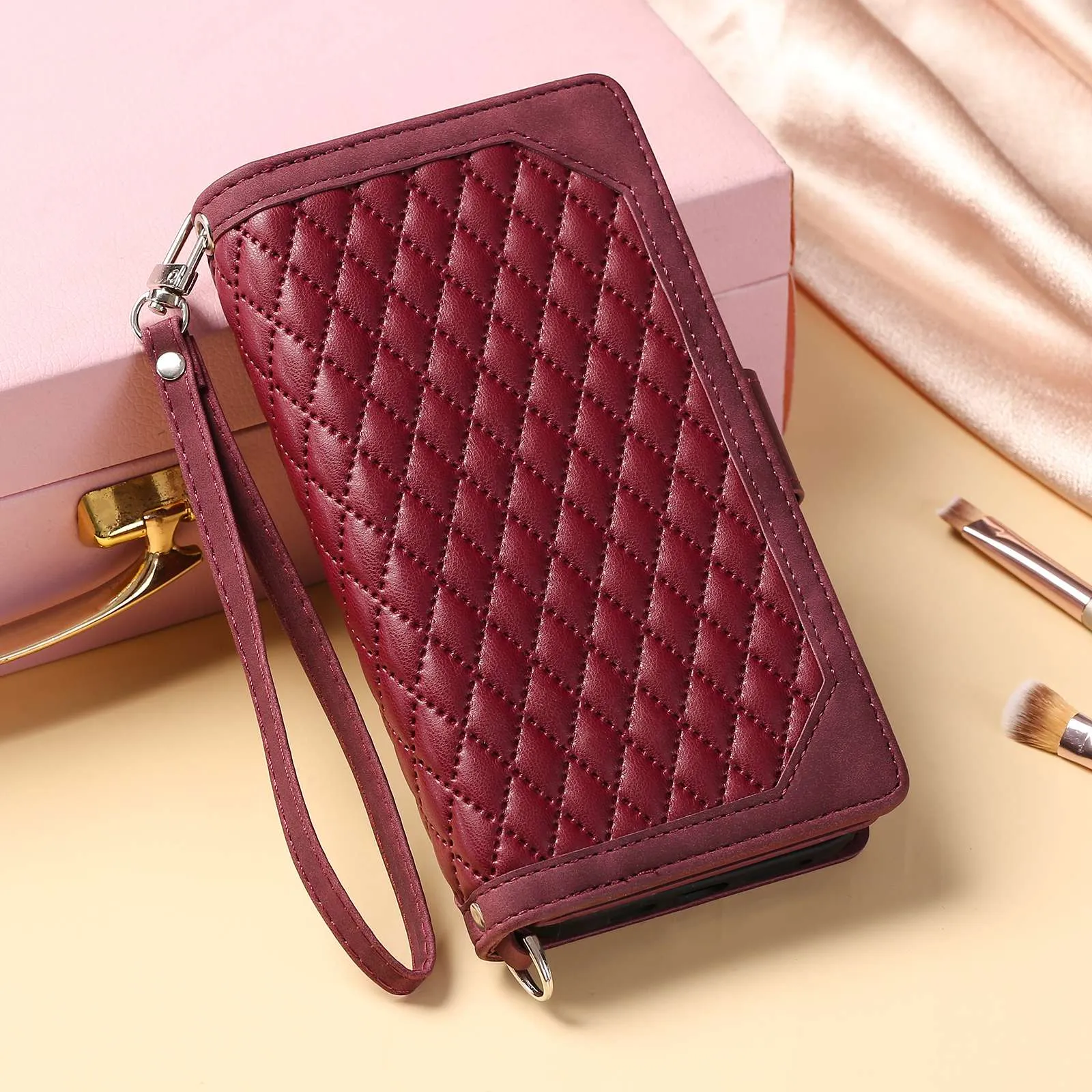 005 Style for Samsung Galaxy A72 4G / 5G Zipper Pocket Design Rhombus Texture Phone Cover PU Leather Stand Wallet Protective Case with Wrist Strap