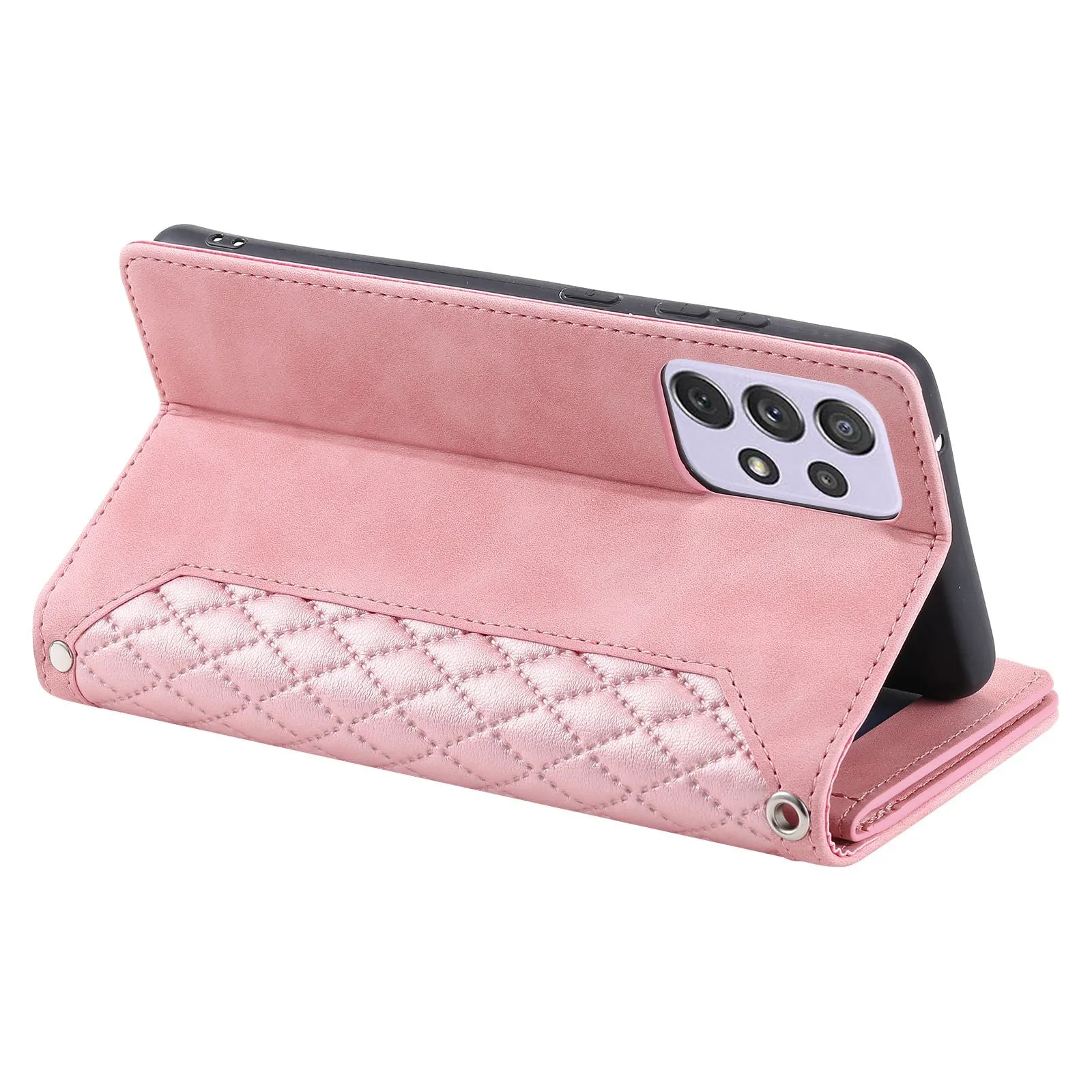 005 Style for Samsung Galaxy A72 4G / 5G Zipper Pocket Design Rhombus Texture Phone Cover PU Leather Stand Wallet Protective Case with Wrist Strap