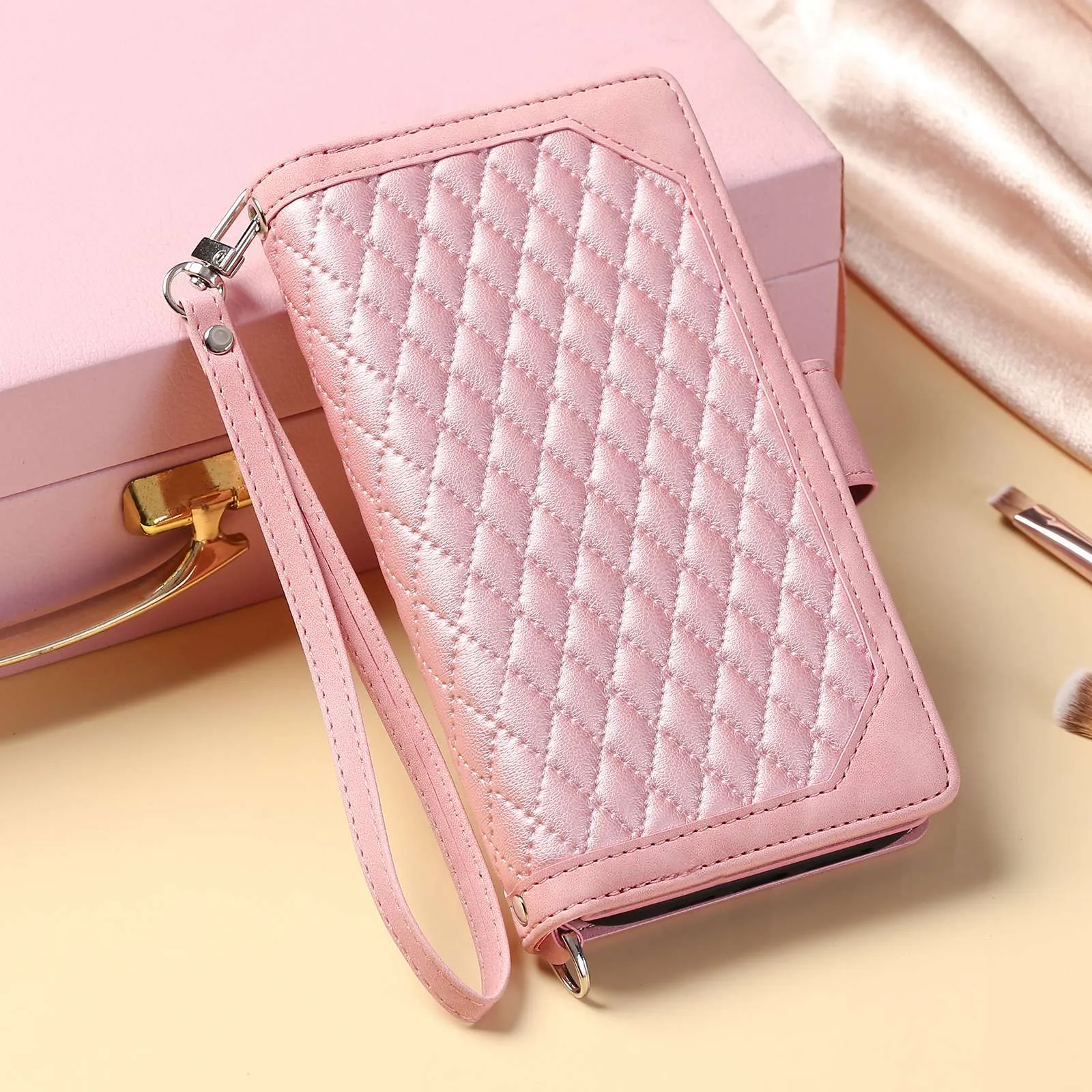 005 Style for Samsung Galaxy A72 4G / 5G Zipper Pocket Design Rhombus Texture Phone Cover PU Leather Stand Wallet Protective Case with Wrist Strap