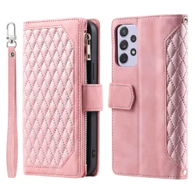 005 Style for Samsung Galaxy A72 4G / 5G Zipper Pocket Design Rhombus Texture Phone Cover PU Leather Stand Wallet Protective Case with Wrist Strap