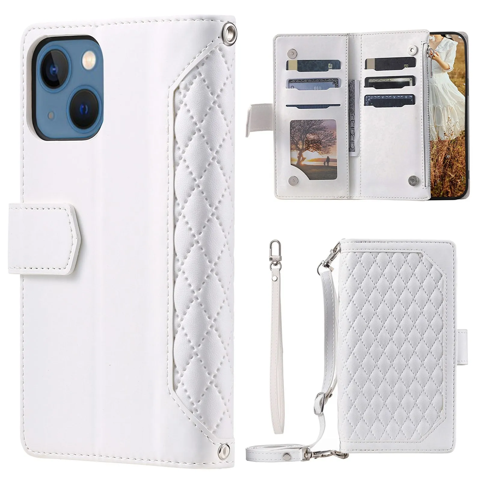 005 Style Phone Wallet Cover For iPhone 14 Plus 6.7 inch , Full Protection PU Leather Rhombus Texture Zipper Pocket Flip Case Stand with Strap Card Holder