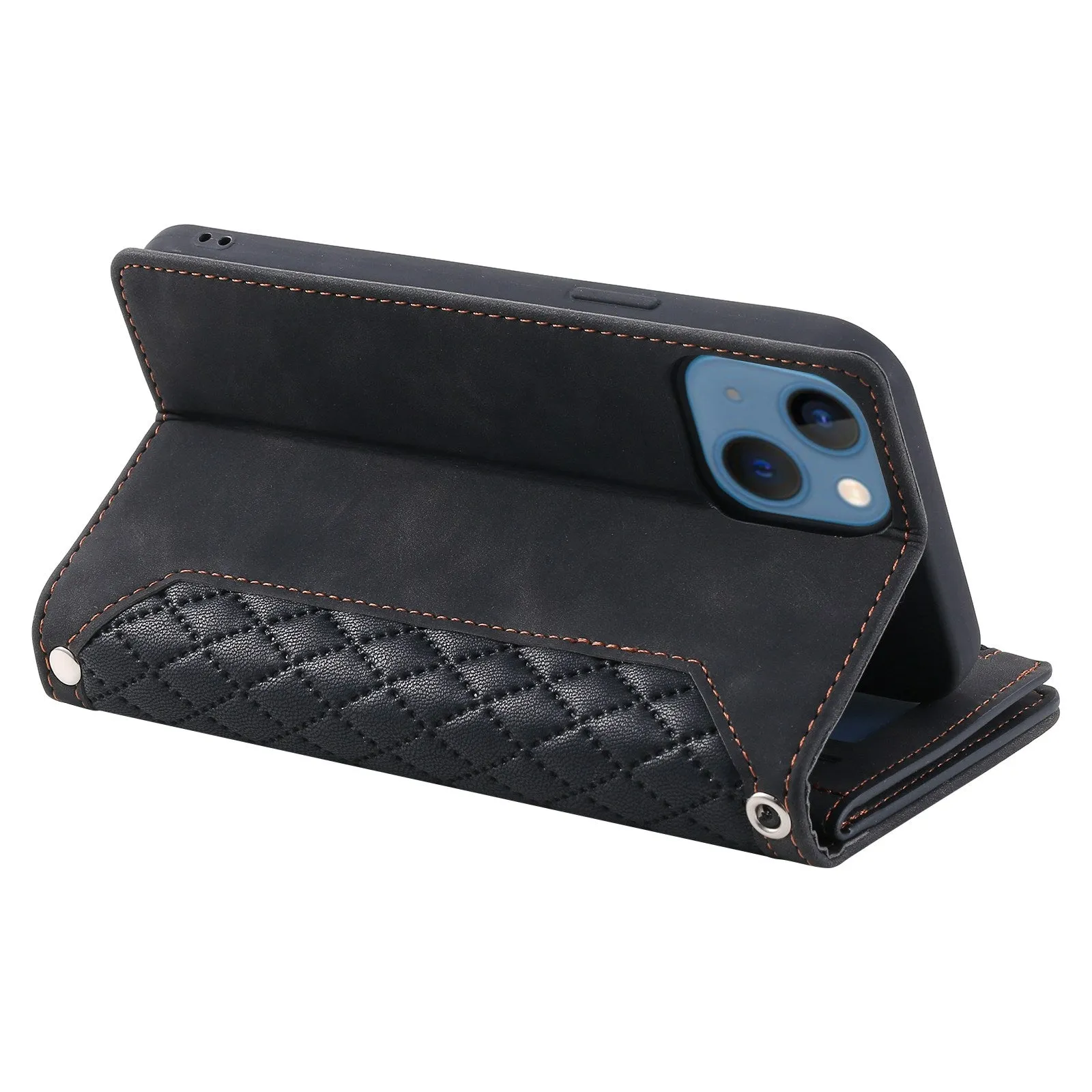 005 Style Phone Wallet Cover For iPhone 14 Plus 6.7 inch , Full Protection PU Leather Rhombus Texture Zipper Pocket Flip Case Stand with Strap Card Holder