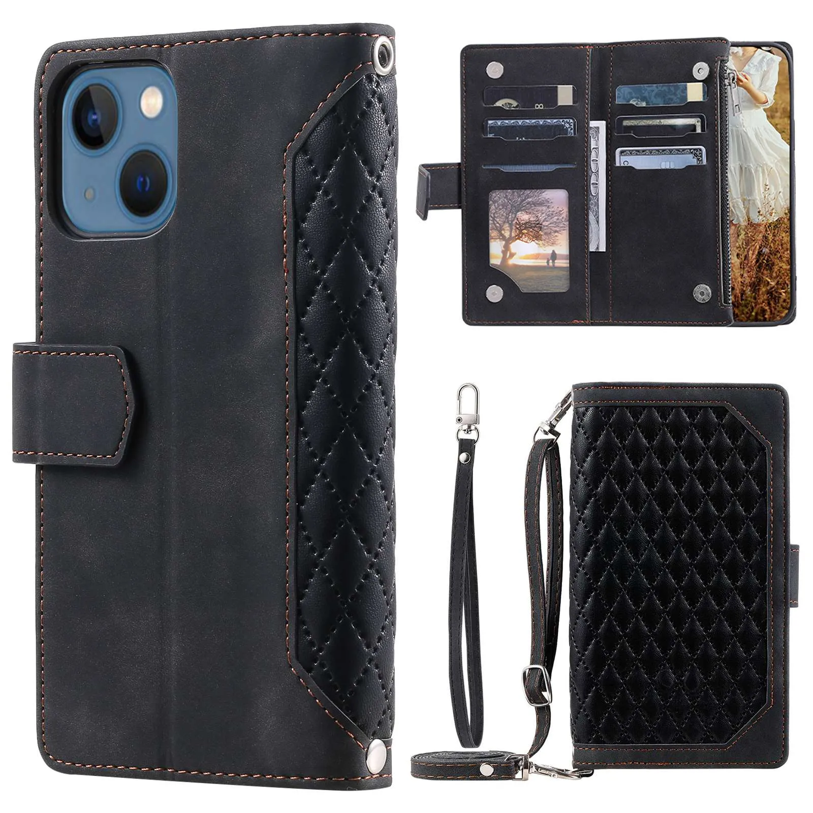 005 Style Phone Wallet Cover For iPhone 14 Plus 6.7 inch , Full Protection PU Leather Rhombus Texture Zipper Pocket Flip Case Stand with Strap Card Holder