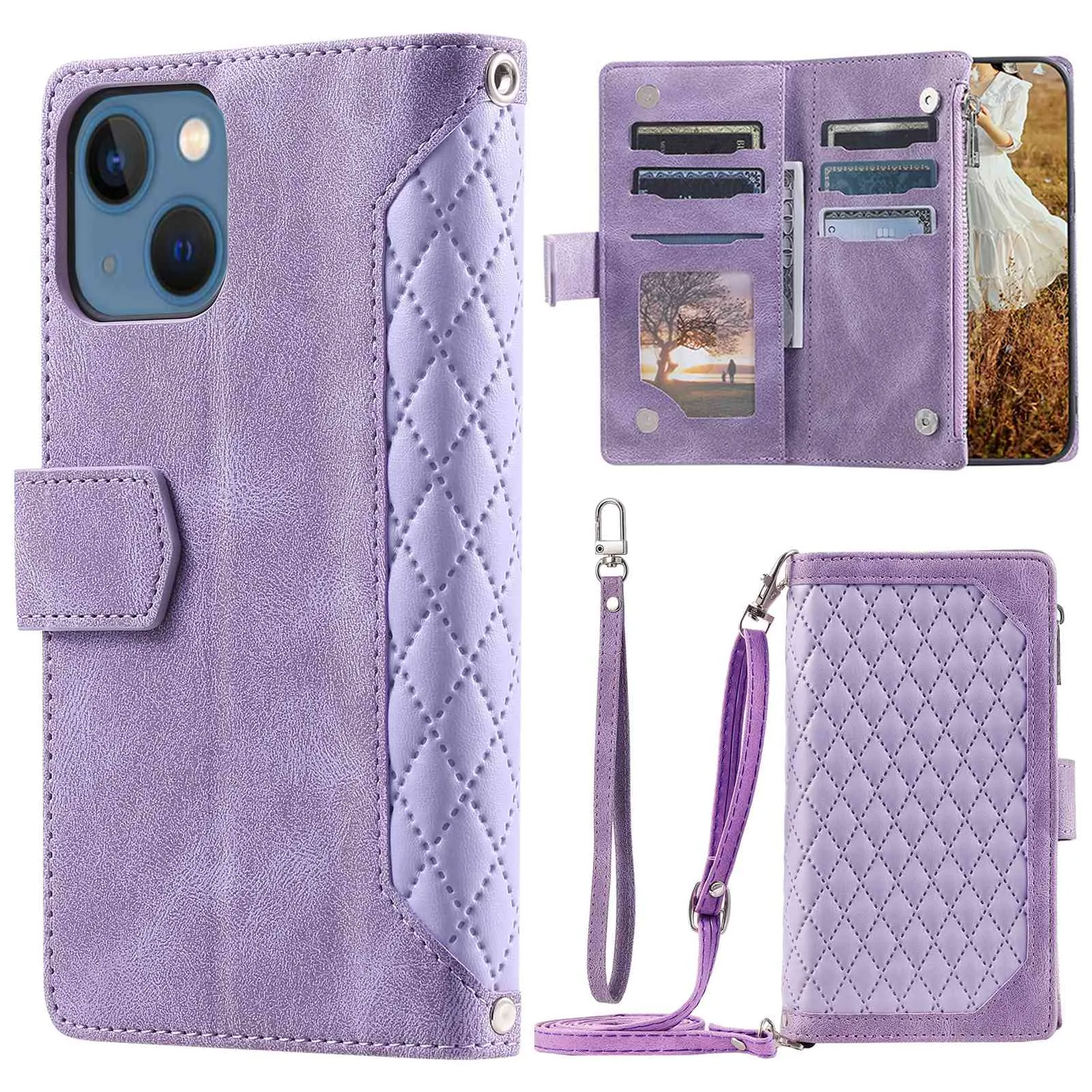 005 Style Phone Wallet Cover For iPhone 14 Plus 6.7 inch , Full Protection PU Leather Rhombus Texture Zipper Pocket Flip Case Stand with Strap Card Holder