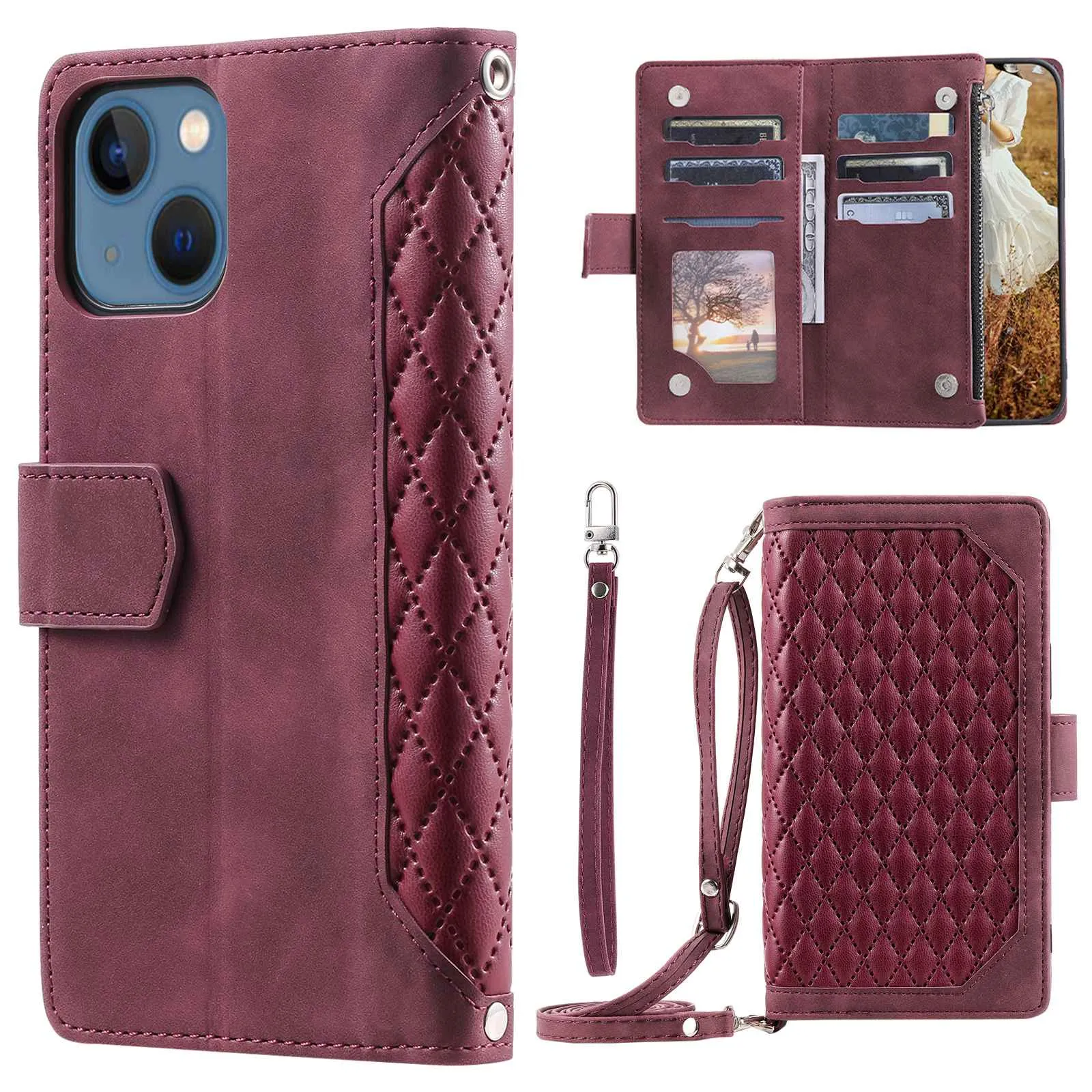 005 Style Phone Wallet Cover For iPhone 14 Plus 6.7 inch , Full Protection PU Leather Rhombus Texture Zipper Pocket Flip Case Stand with Strap Card Holder