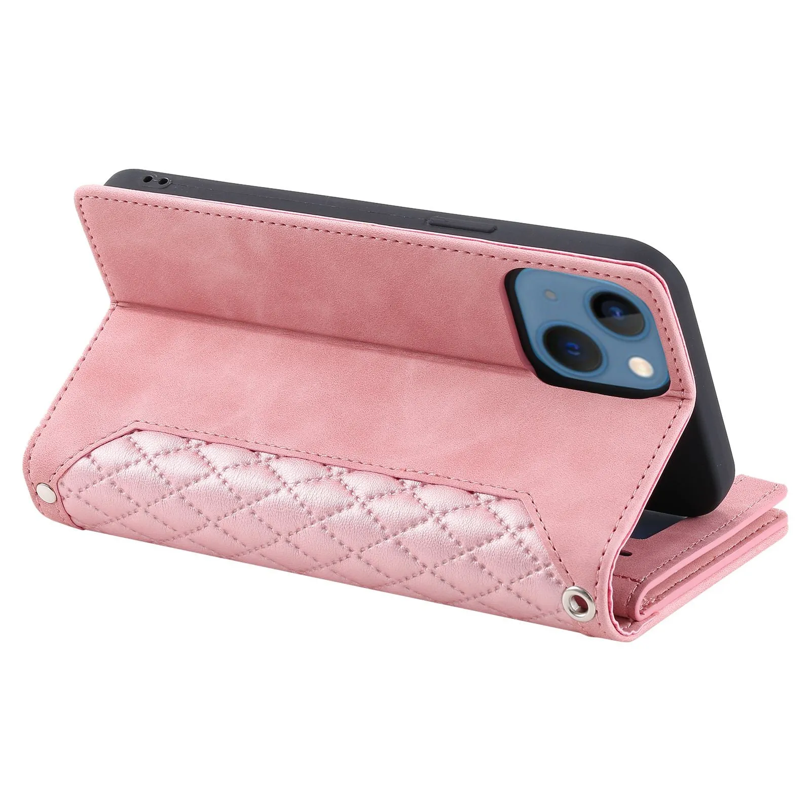 005 Style Phone Wallet Cover For iPhone 14 Plus 6.7 inch , Full Protection PU Leather Rhombus Texture Zipper Pocket Flip Case Stand with Strap Card Holder