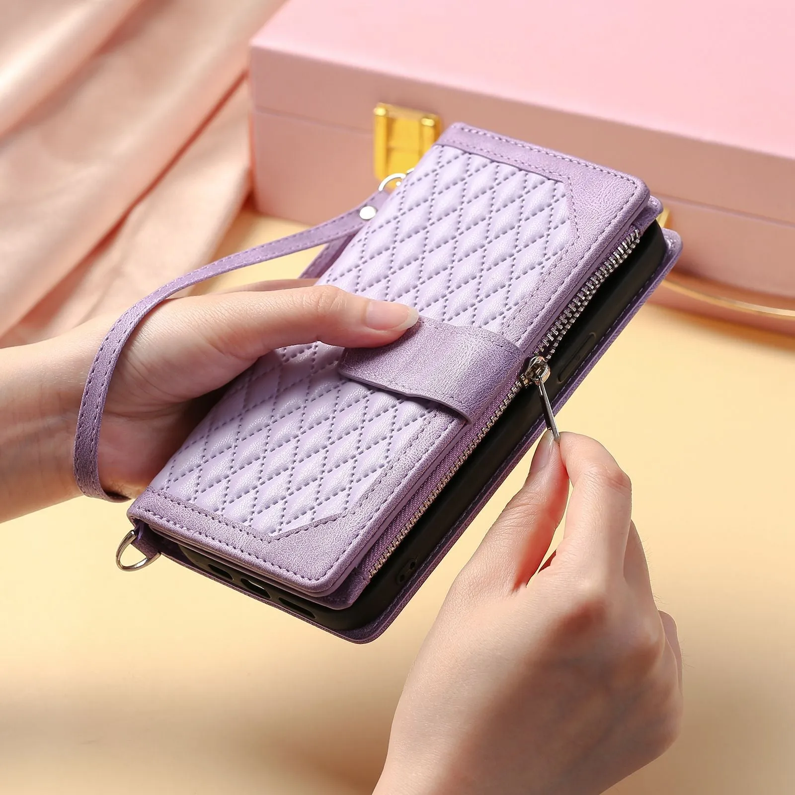 005 Style Phone Wallet Cover For iPhone 14 Plus 6.7 inch , Full Protection PU Leather Rhombus Texture Zipper Pocket Flip Case Stand with Strap Card Holder