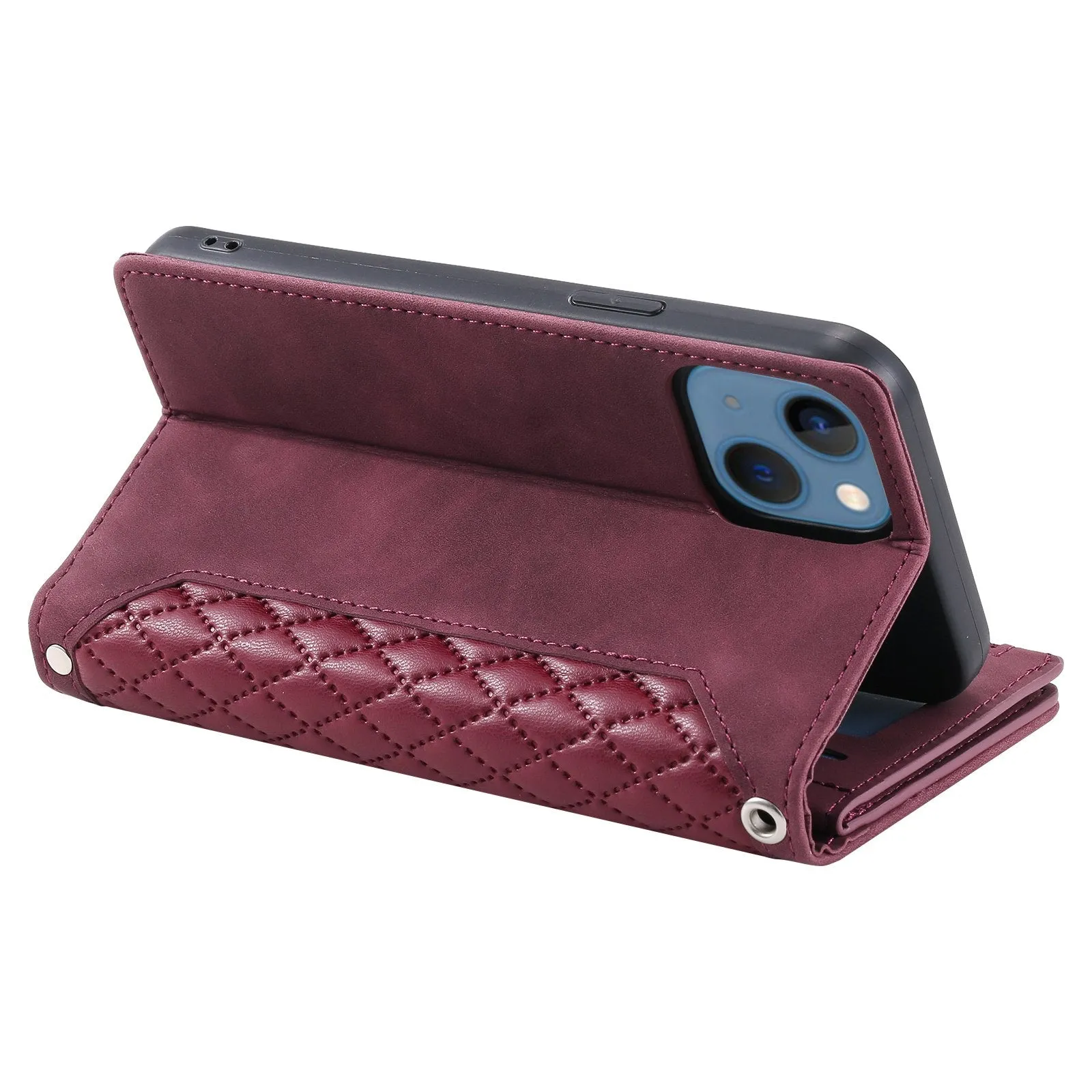 005 Style Phone Wallet Cover For iPhone 14 Plus 6.7 inch , Full Protection PU Leather Rhombus Texture Zipper Pocket Flip Case Stand with Strap Card Holder