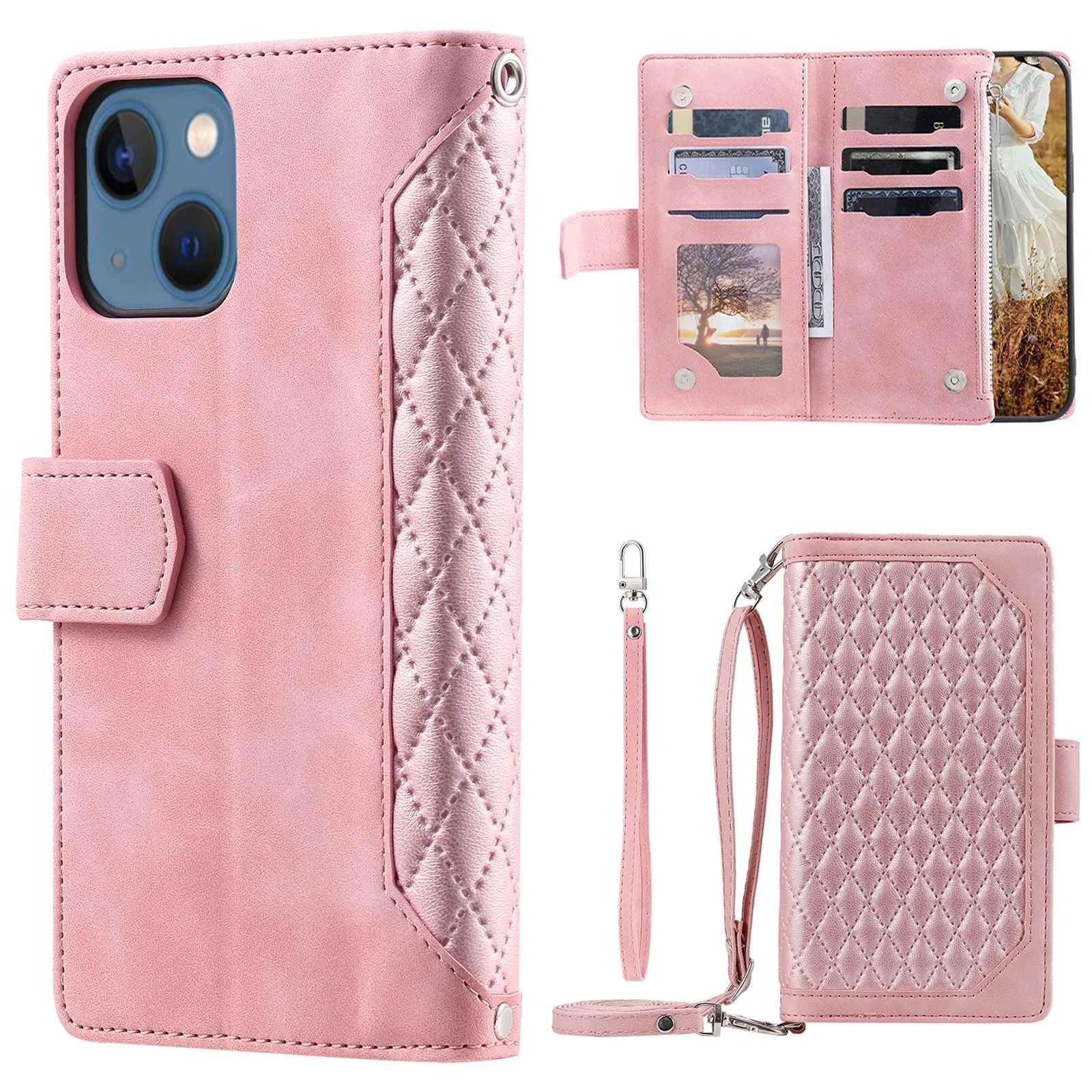 005 Style Phone Wallet Cover For iPhone 14 Plus 6.7 inch , Full Protection PU Leather Rhombus Texture Zipper Pocket Flip Case Stand with Strap Card Holder