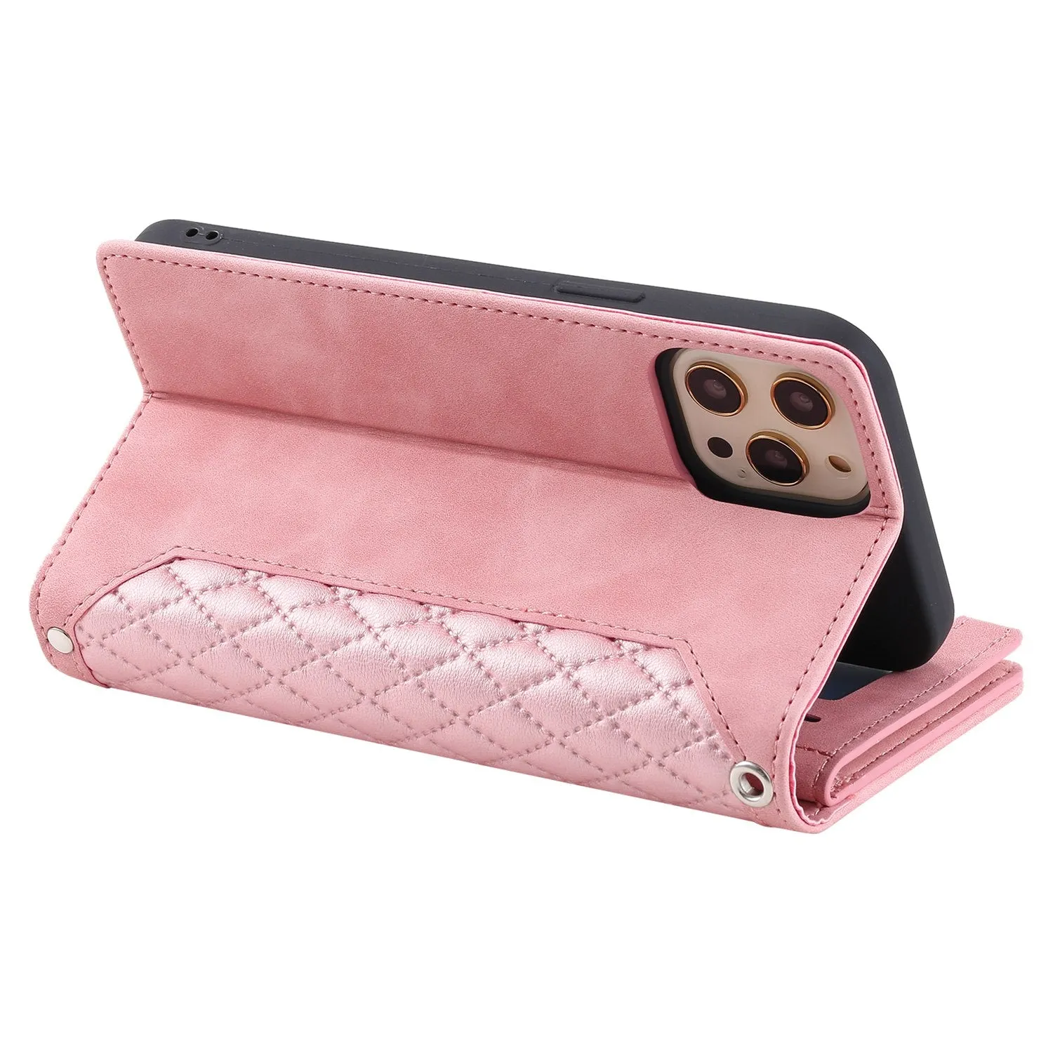 005 Style Zipper Pocket Phone Cover for iPhone 11 Pro 5.8 inch, Rhombus Texture PU Leather Stand Wallet Case with Wrist Strap