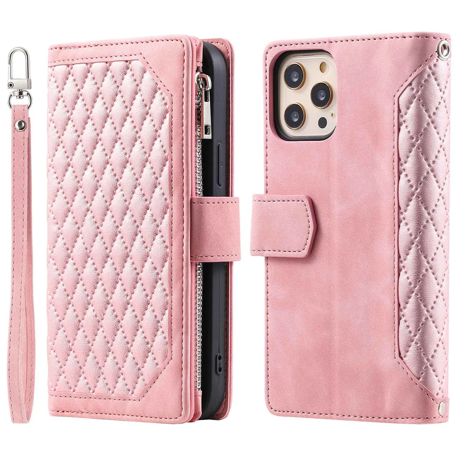 005 Style Zipper Pocket Phone Cover for iPhone 11 Pro 5.8 inch, Rhombus Texture PU Leather Stand Wallet Case with Wrist Strap