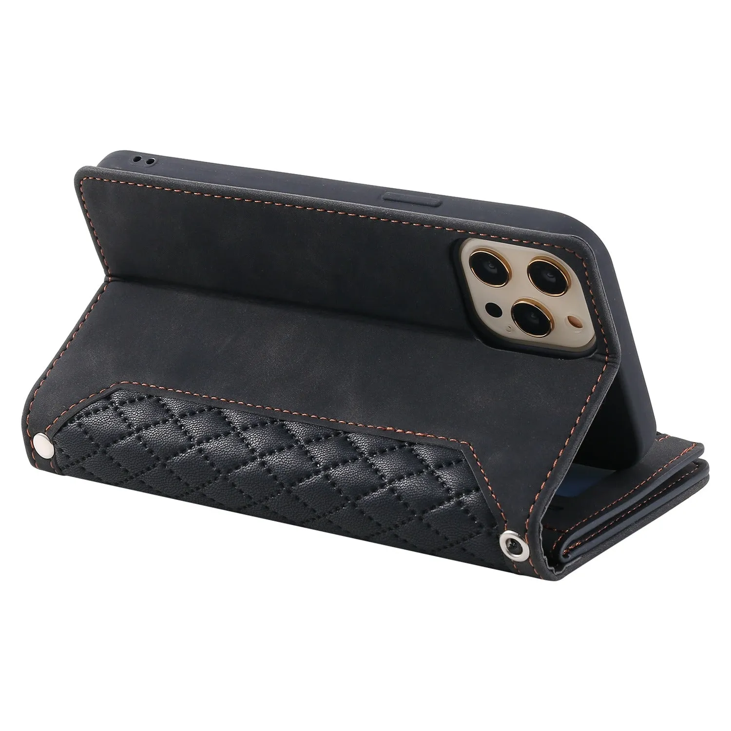 005 Style Zipper Pocket Phone Cover for iPhone 11 Pro 5.8 inch, Rhombus Texture PU Leather Stand Wallet Case with Wrist Strap