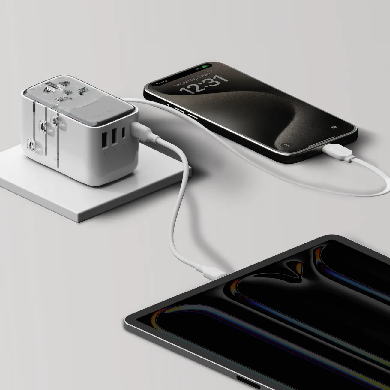 1-World  Flow 4-Port Travel Charger With Built-In USB-C Cable 35W