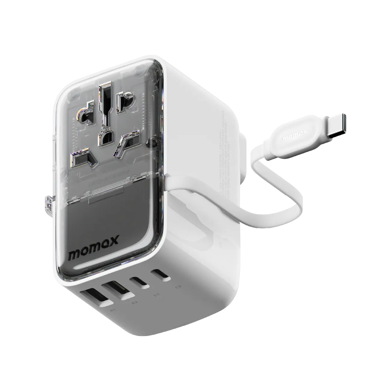 1-World  Flow 4-Port Travel Charger With Built-In USB-C Cable 35W