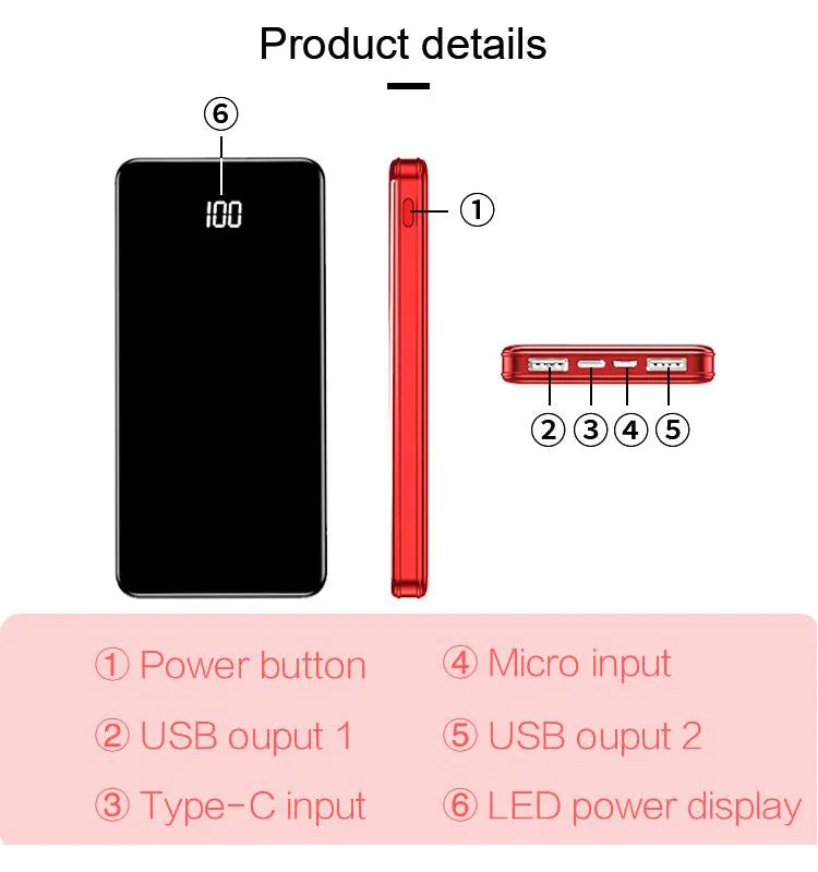 10,000mAh High Capacity Power Bank with Digital Display and Super Slim Design for Portable Charging