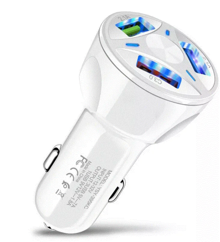 3 Port Fast LED White Car Charger   3 in 1 Cable Combo Silver