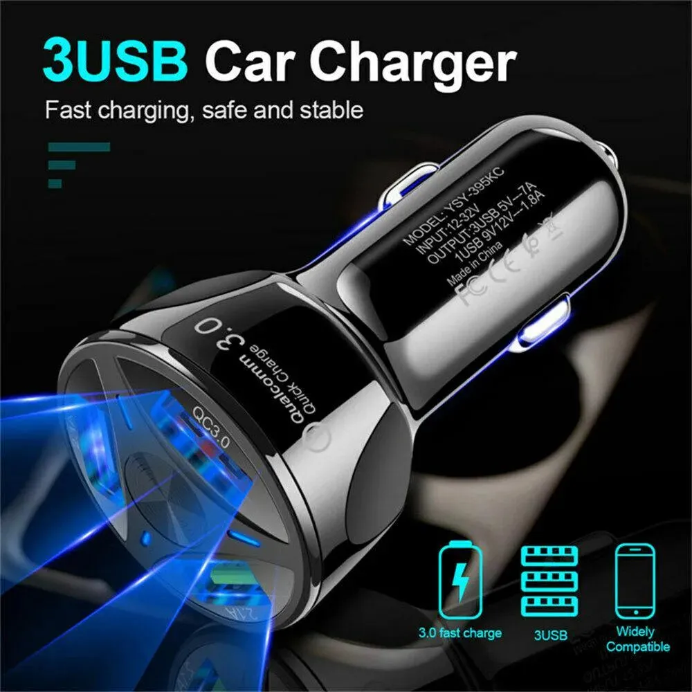 3 Port Fast LED White Car Charger   3 in 1 Cable Combo Silver