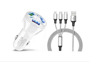 3 Port Fast LED White Car Charger   3 in 1 Cable Combo Silver