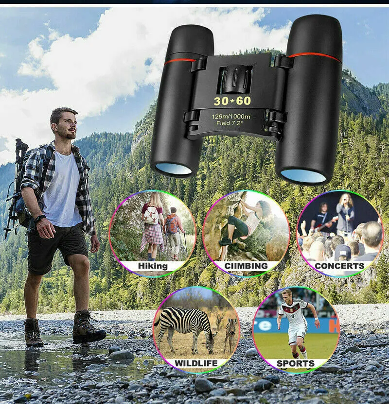 30x60 Compact Foldable Binoculars Roof Prism Pocket Telescope Camping Travel Sightseeing