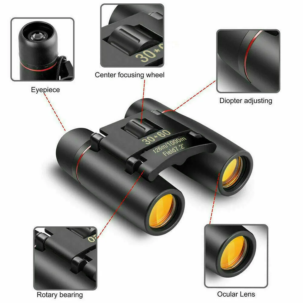 30x60 Compact Foldable Binoculars Roof Prism Pocket Telescope Camping Travel Sightseeing