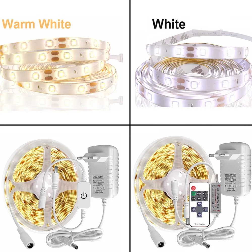 5M LED light Strip Waterproof 2835 Ribbon Warm White LED Strip DC 12V Dimmable Touch Sensor Switch For Room Cabinet Kitchen Lamp