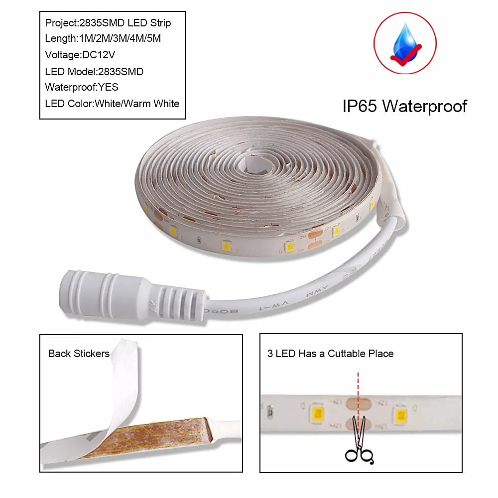 5M LED light Strip Waterproof 2835 Ribbon Warm White LED Strip DC 12V Dimmable Touch Sensor Switch For Room Cabinet Kitchen Lamp