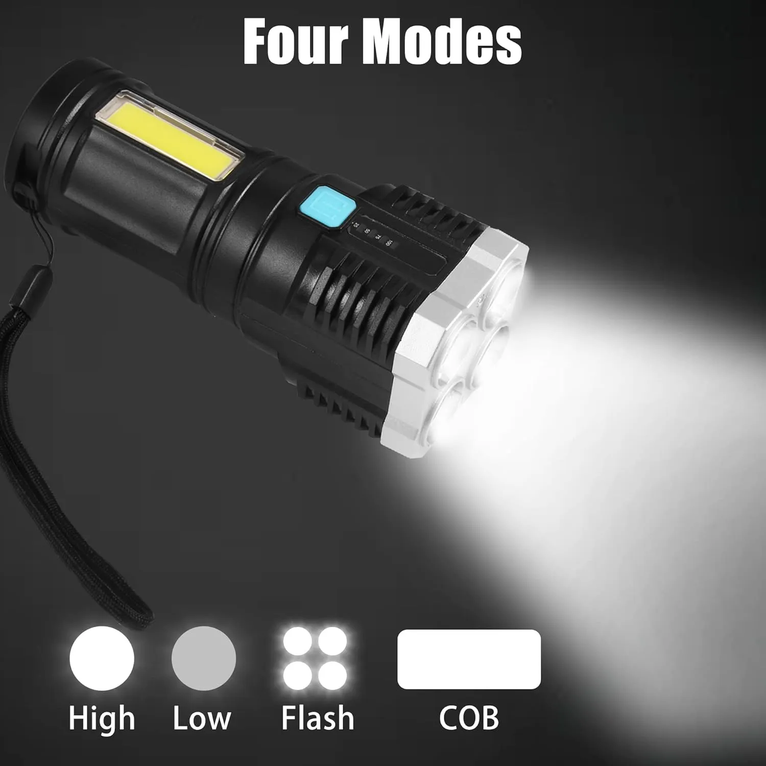 9370 Multifunctional Strong 4 LED Torch Light, Portable Rechargeable Flashlight Long Distance Beam Range 800 Lumens COB Light 4 Mode Emergency for Hiking, Walking, Camping (4 LED Torch)