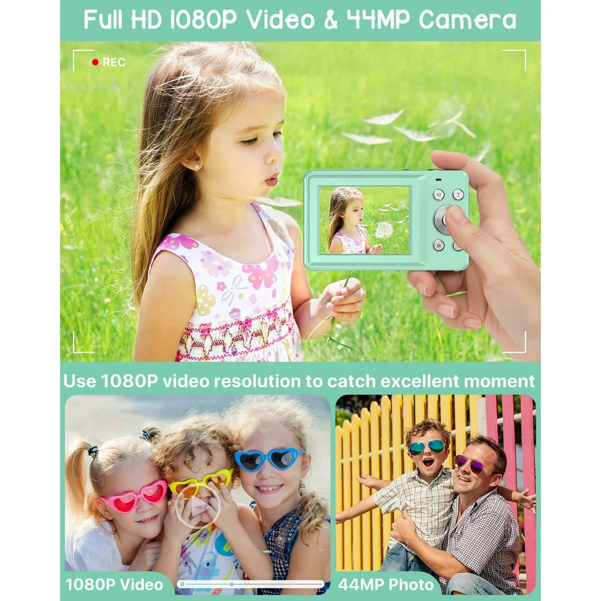 ACTITOP Kids Digital Camera with 32GB Card FHD 1080P 44MP Vlogging Camera with LCD Screen 16X Zoom Compact Portable Mini Rechargeable Camera, Green