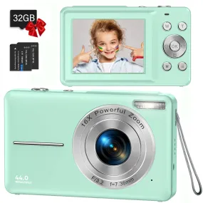 ACTITOP Kids Digital Camera with 32GB Card FHD 1080P 44MP Vlogging Camera with LCD Screen 16X Zoom Compact Portable Mini Rechargeable Camera, Green