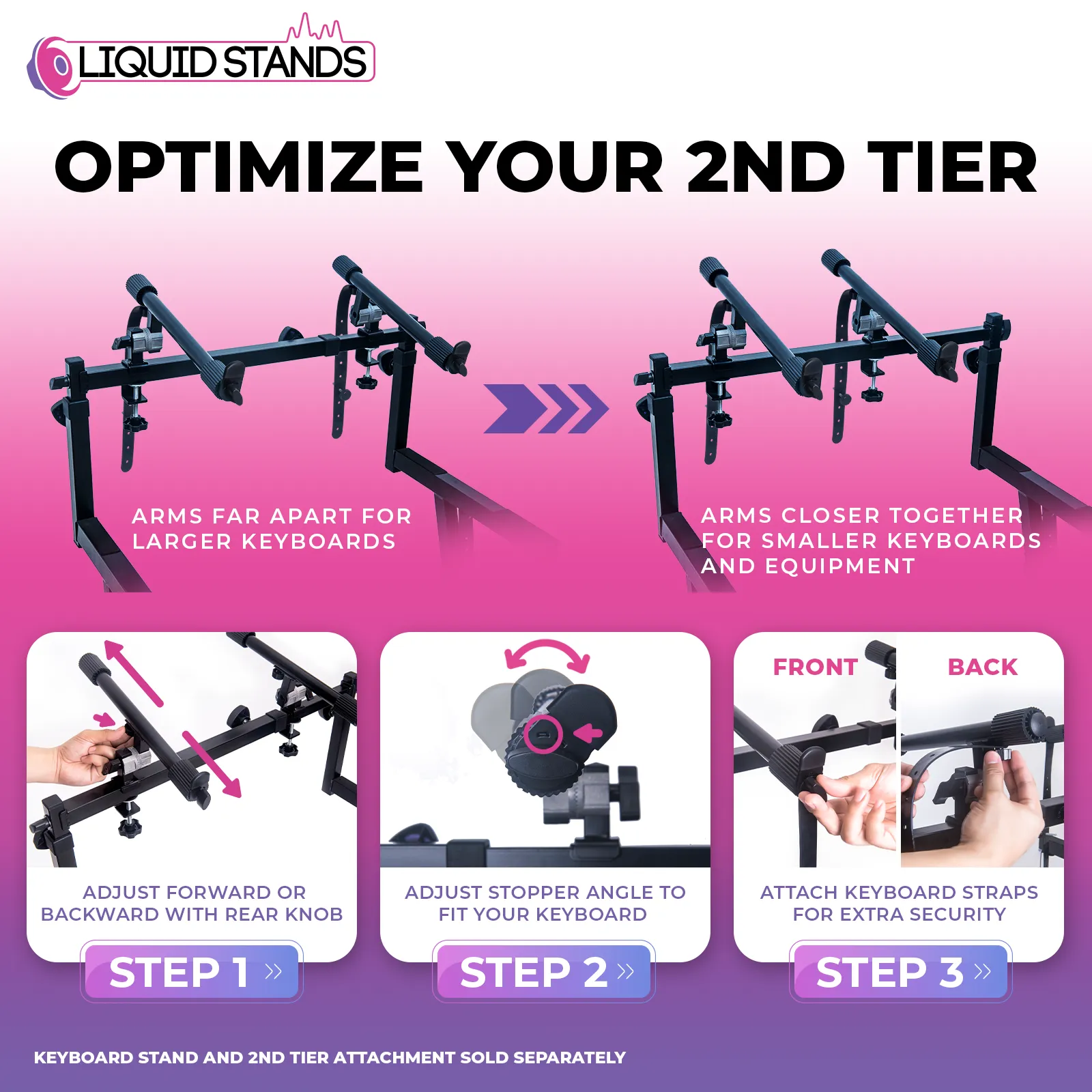 Adjustable 2-Tier Keyboard Stand Extender - Arms Only with Straps