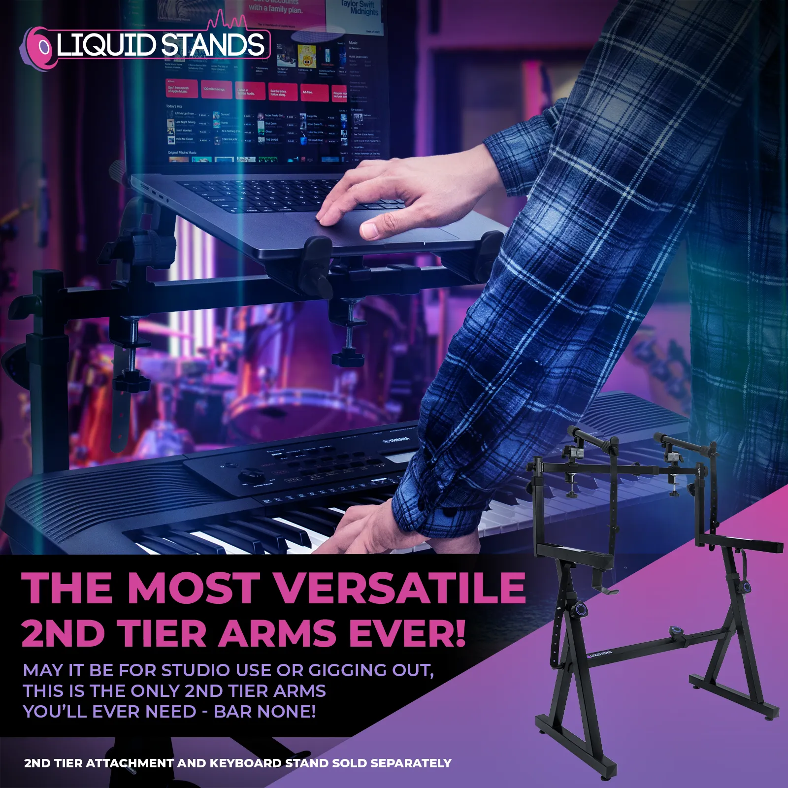 Adjustable 2-Tier Keyboard Stand Extender - Arms Only with Straps