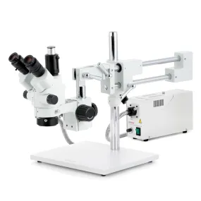 AmScope SM-4 Series Simul-Focal Lockable Zoom Trinocular Stereo Microscope 3.5X-90X Magnification with 150W Halogen Ring Light on Double Arm Boom Stand