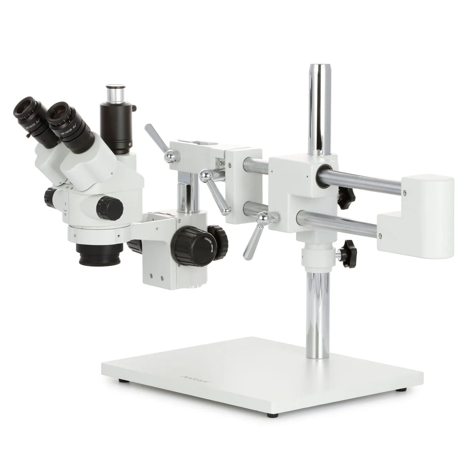 AmScope SM-4 Series Simul-Focal Lockable Zoom Trinocular Stereo Microscope 3.5X-90X Magnification with 150W Halogen Ring Light on Double Arm Boom Stand