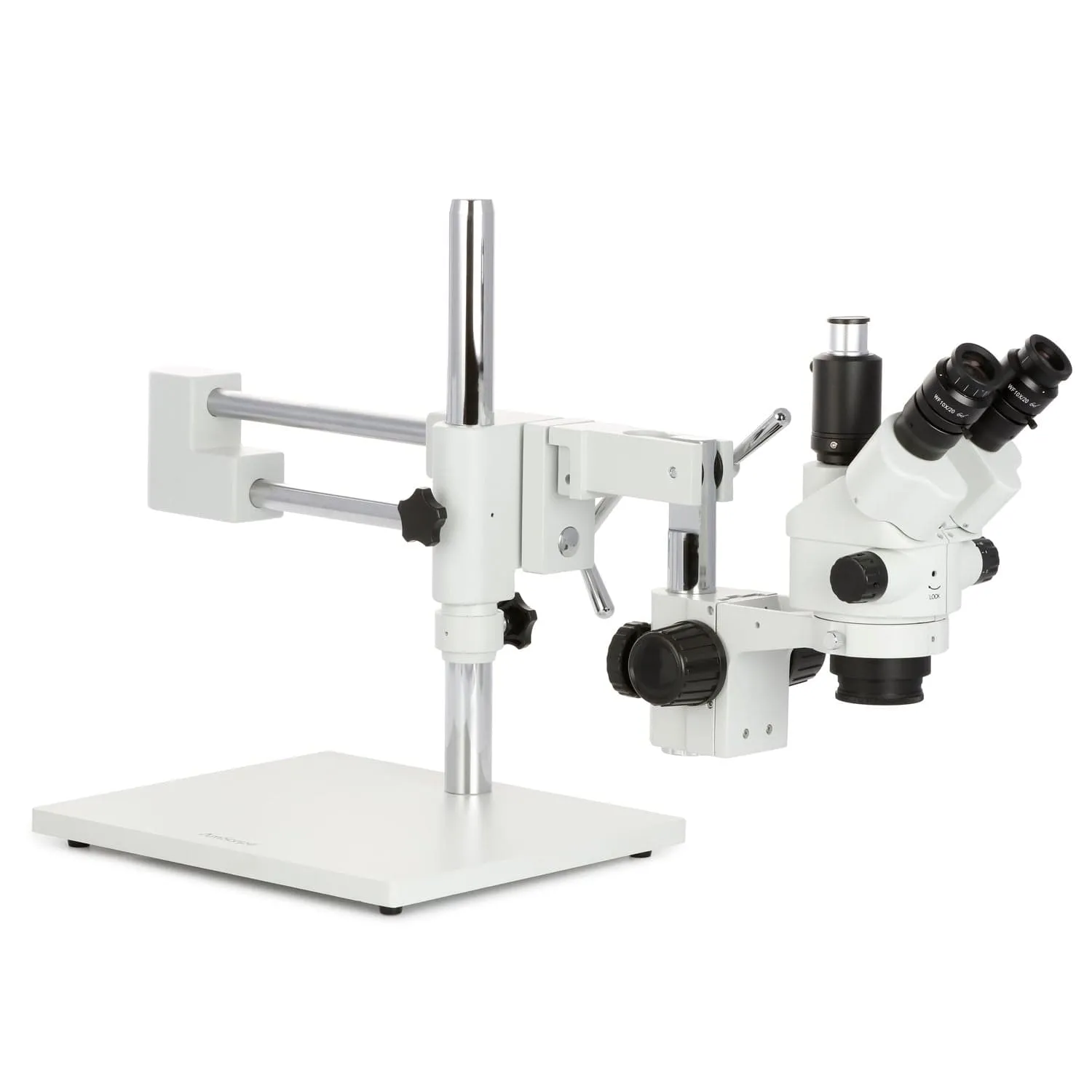 AmScope SM-4 Series Simul-Focal Lockable Zoom Trinocular Stereo Microscope 3.5X-90X Magnification with 150W Halogen Ring Light on Double Arm Boom Stand