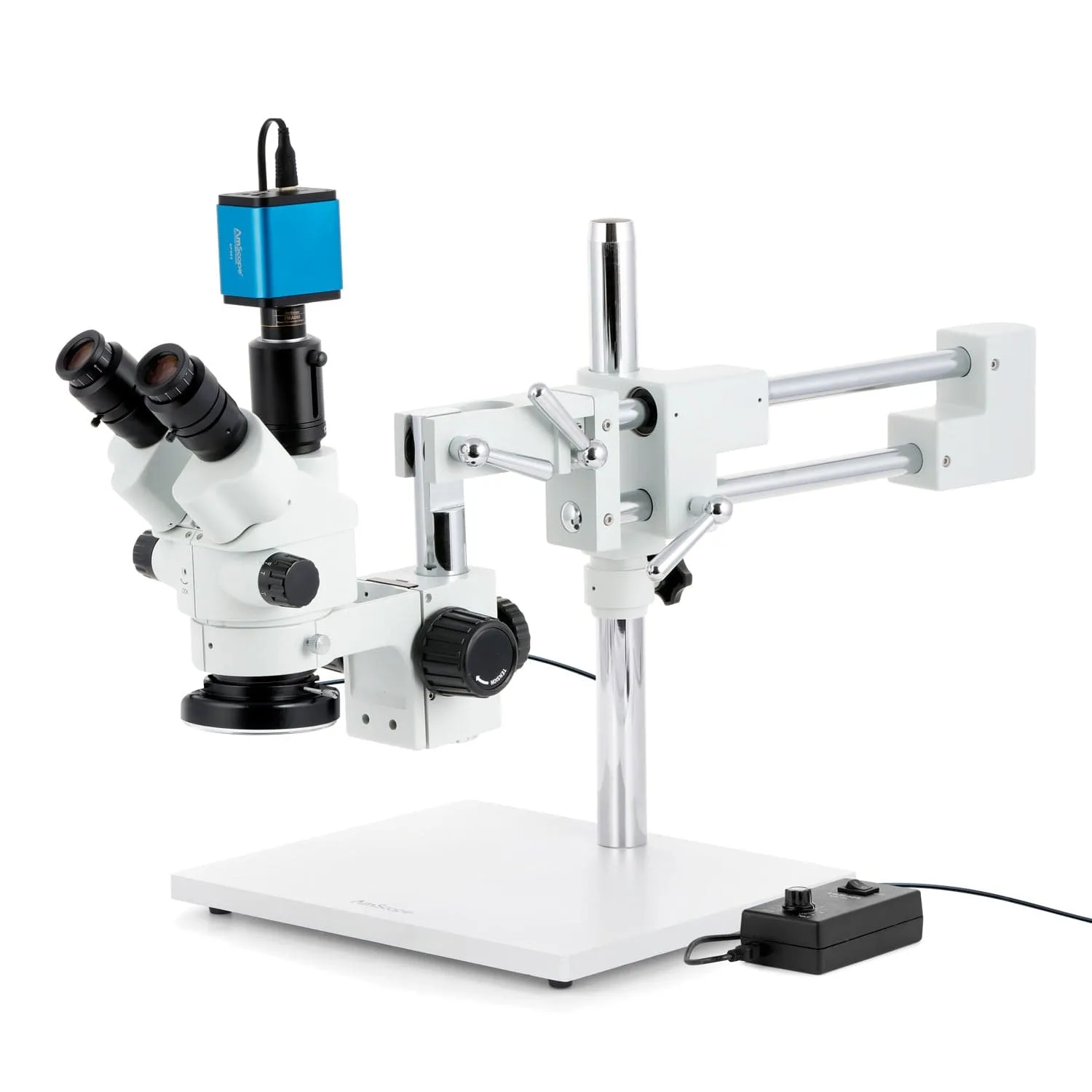 AmScope SM-4 Series Simul-Focal Lockable Zoom Trinocular Stereo Microscope with 144 LED Ring Light and Auto Focus Camera on Double Arm Boom Stand