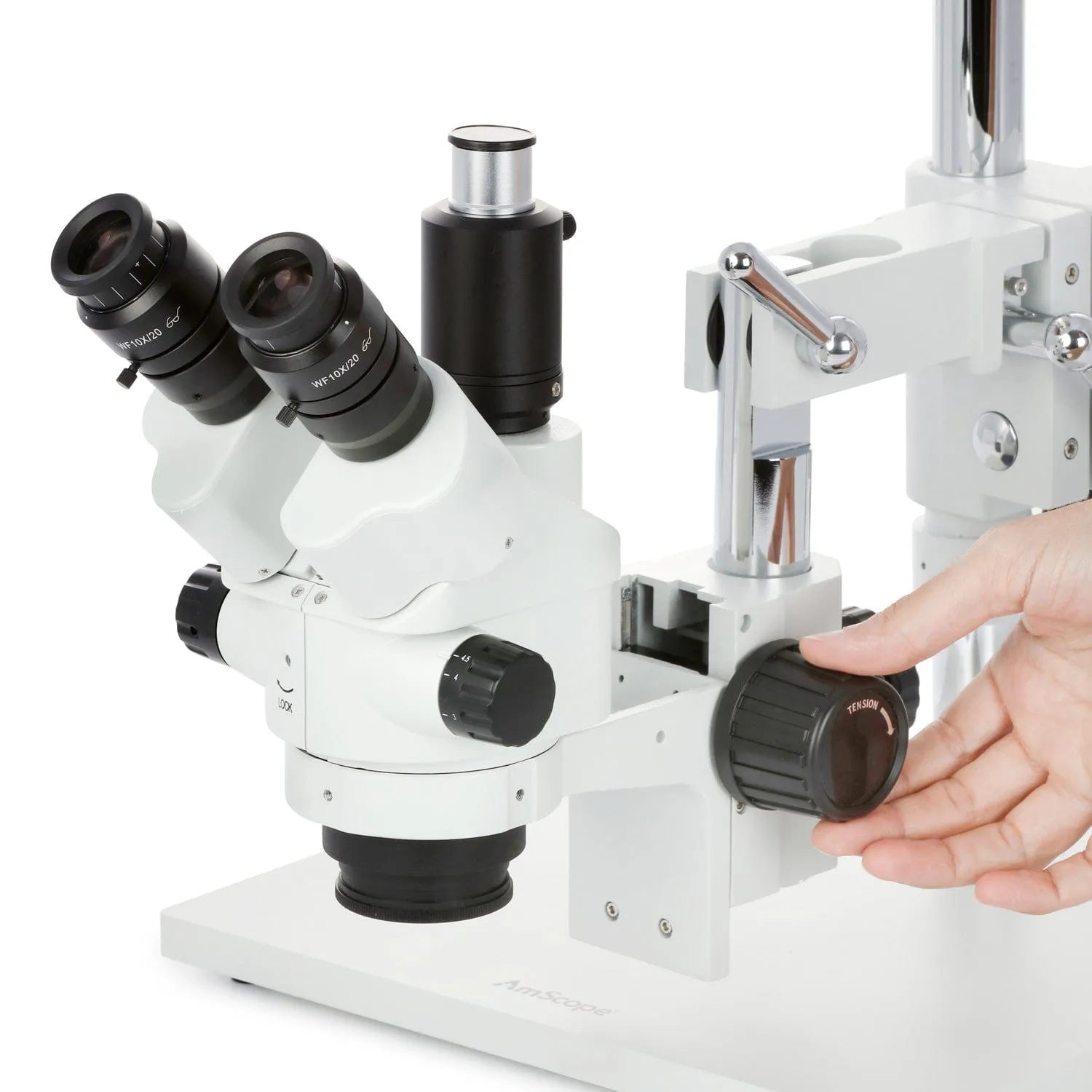 AmScope SM-4 Series Simul-Focal Lockable Zoom Trinocular Stereo Microscope with 144 LED Ring Light and Auto Focus Camera on Double Arm Boom Stand