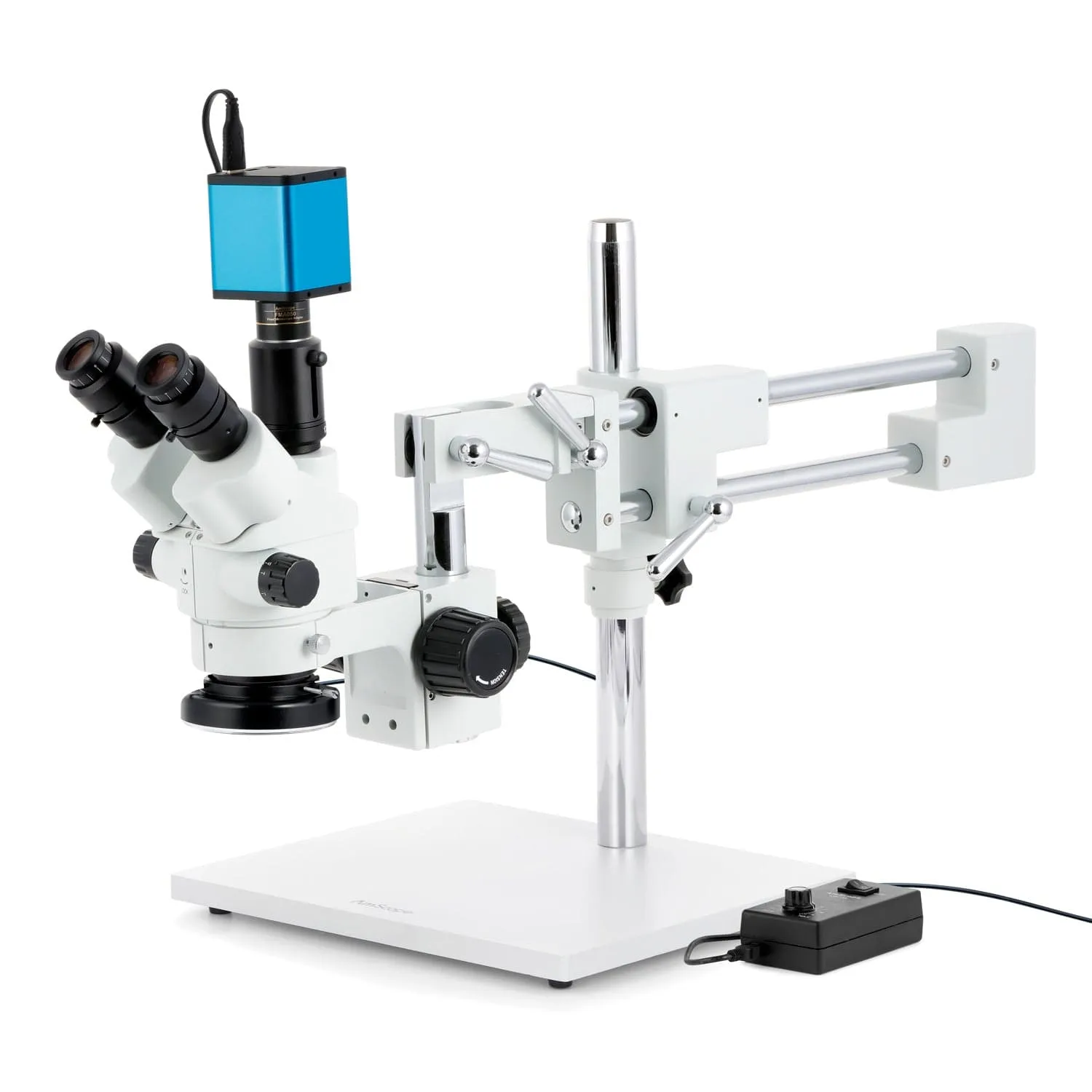 AmScope SM-4 Series Simul-Focal Lockable Zoom Trinocular Stereo Microscope with 144 LED Ring Light and Auto Focus Camera on Double Arm Boom Stand