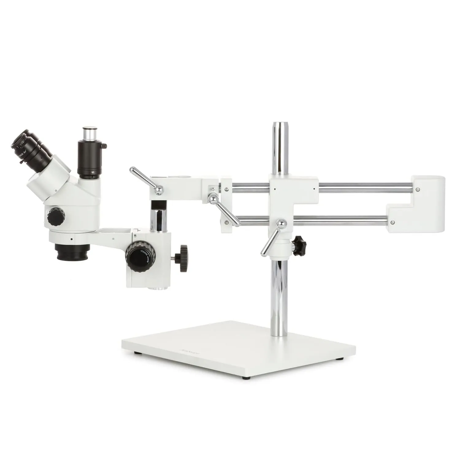 AmScope SM-4 Series Simul-Focal Lockable Zoom Trinocular Stereo Microscope with 144 LED Ring Light and Auto Focus Camera on Double Arm Boom Stand