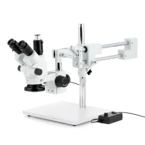 AmScope SM-4 Series Simul-Focal Lockable Zoom Trinocular Stereo Microscope with 144 LED Ring Light and Auto Focus Camera on Double Arm Boom Stand