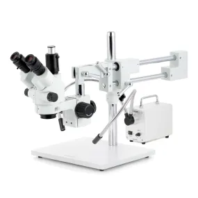 AmScope SM-4 Series Simul-Focal Lockable Zoom Trinocular Stereo Microscope with 30W LED Dual Gooseneck Fiber Optic Lights and Auto Focus Camera on Double Arm Boom Stand