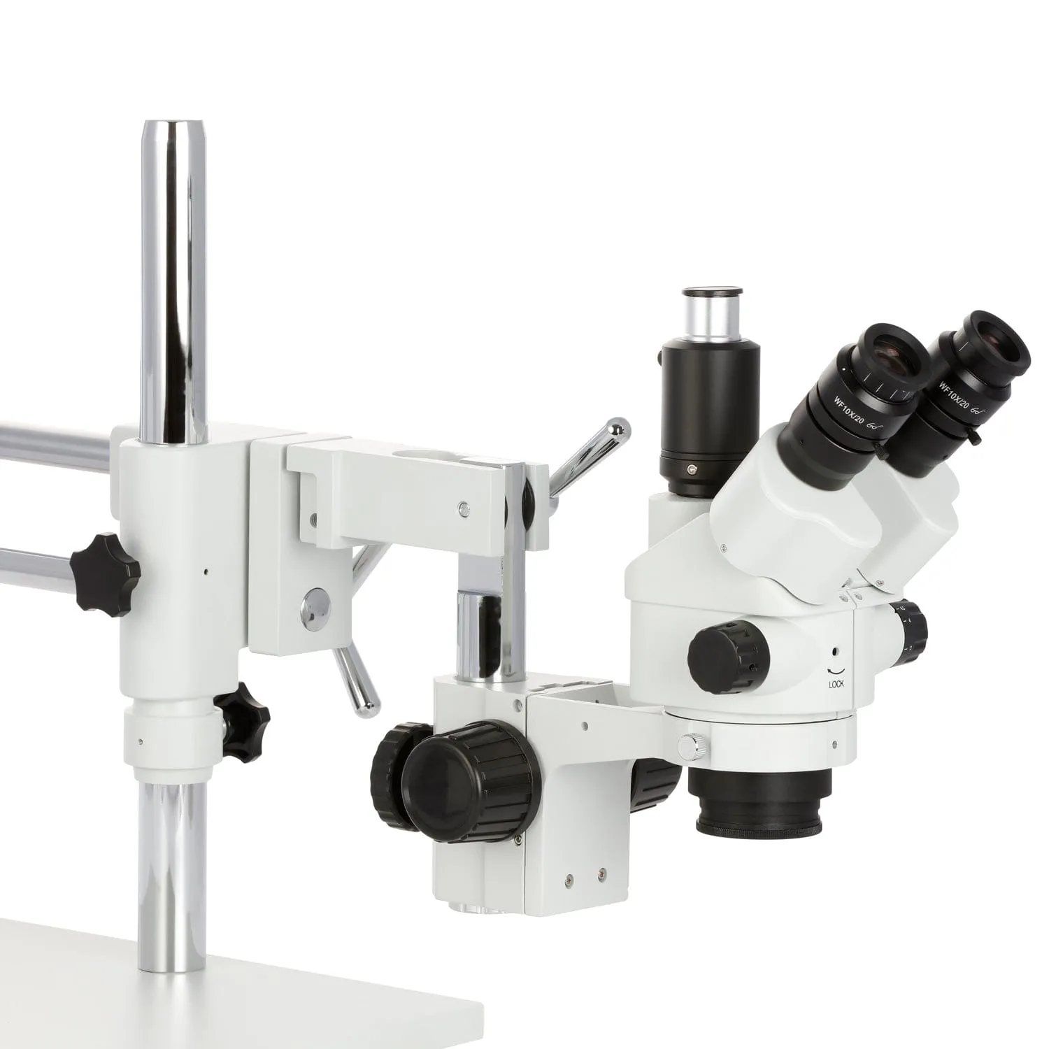 AmScope SM-4 Series Simul-Focal Lockable Zoom Trinocular Stereo Microscope with 30W LED Dual Gooseneck Fiber Optic Lights and HDMI Camera on Double Arm Boom Stand