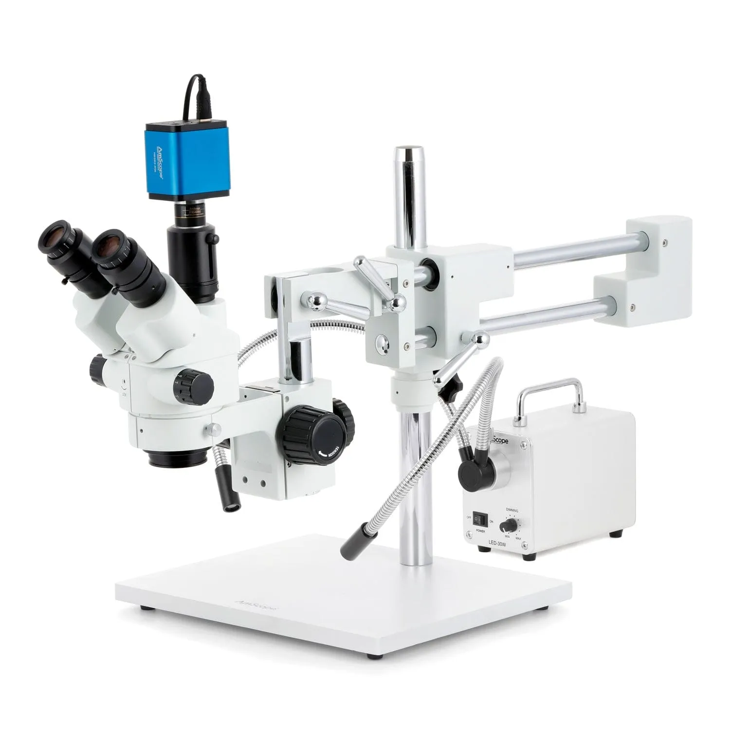 AmScope SM-4 Series Simul-Focal Lockable Zoom Trinocular Stereo Microscope with 30W LED Dual Gooseneck Fiber Optic Lights and HDMI Camera on Double Arm Boom Stand