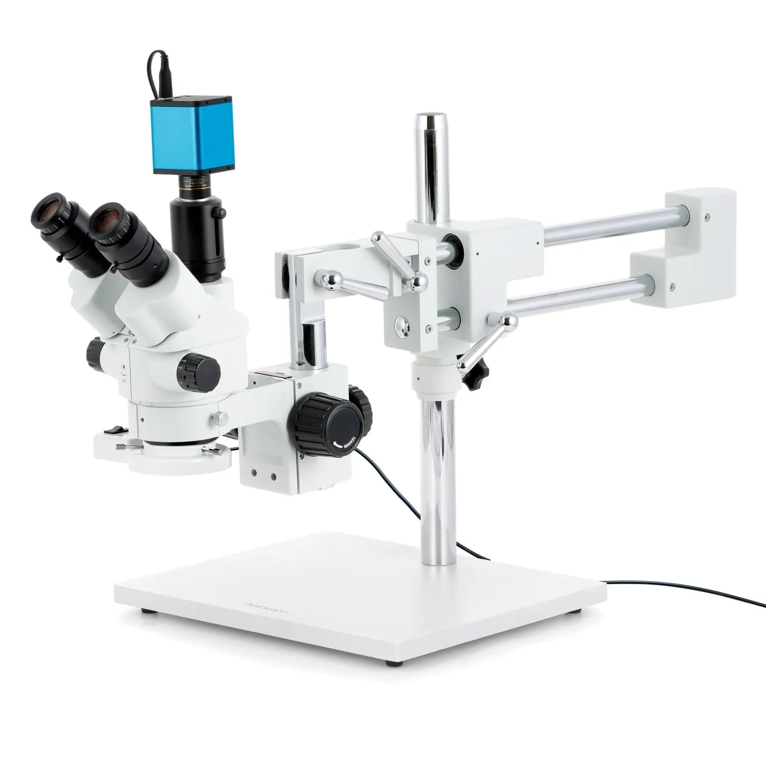 AmScope SM-4 Series Simul-Focal Lockable Zoom Trinocular Stereo Microscope with 8W Fluorescent Ring Light and Auto Focus Camera on Double Arm Boom Stand