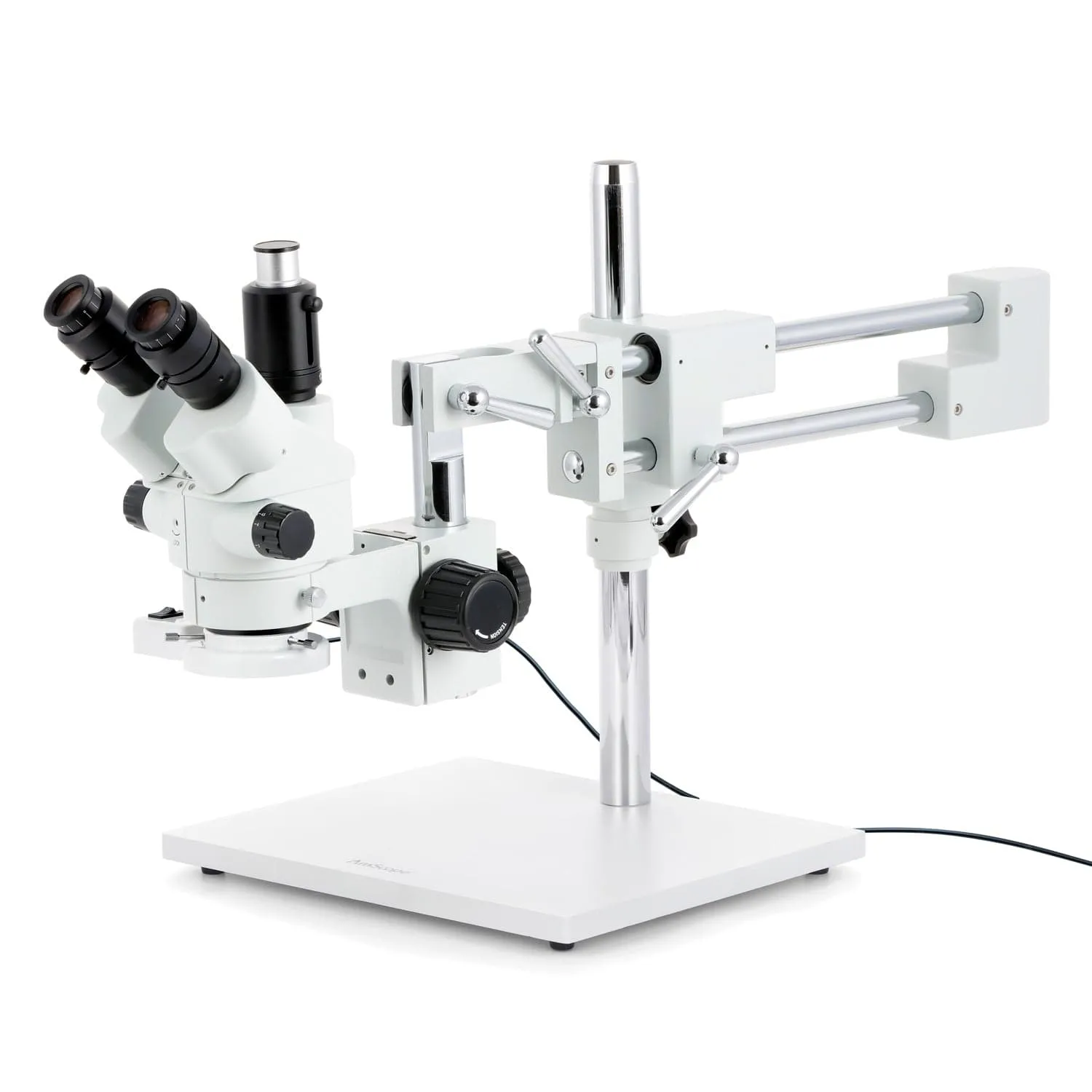 AmScope SM-4 Series Simul-Focal Lockable Zoom Trinocular Stereo Microscope with 8W Fluorescent Ring Light and Auto Focus Camera on Double Arm Boom Stand