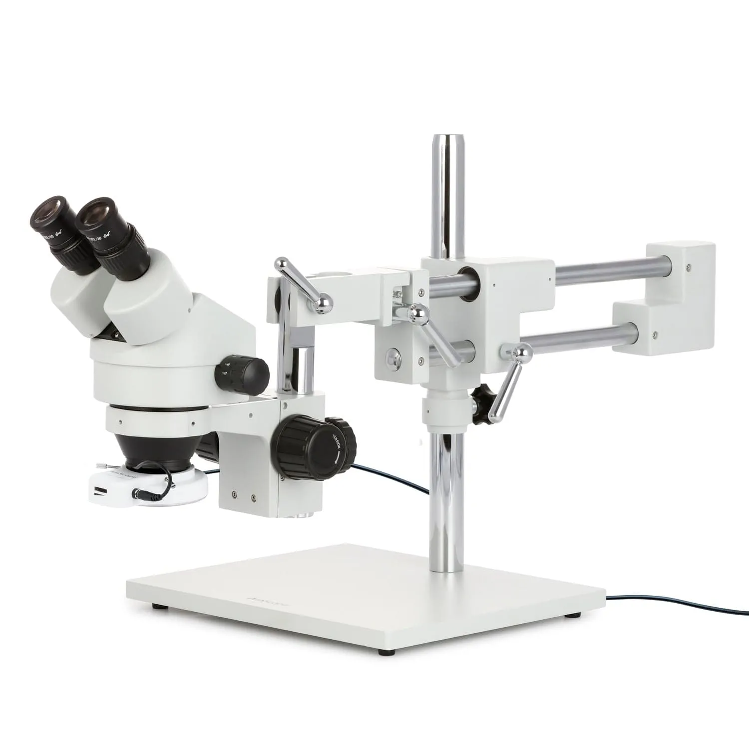 AmScope SM-4 Series Zoom Binocular Stereo Microscope 3.5X-90X Magnification with 144 LED Compact Ring Light on Double Arm Boom Stand