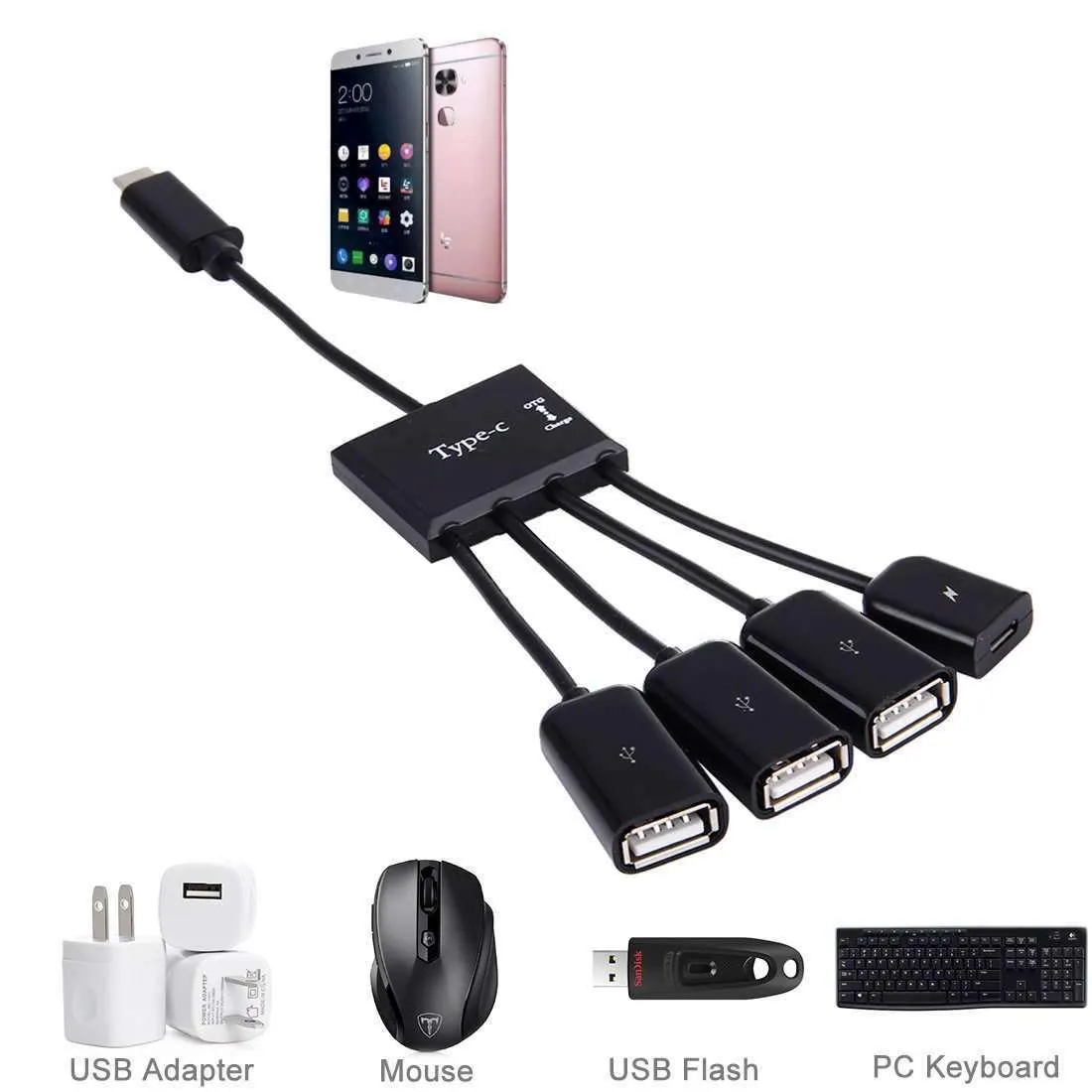 AMZER 4 in 1 USB HUB Type-C, USB 2.0 OTG Cable & Micro USB Power Supply - Black