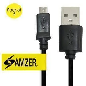 Amzer Universal Micro USB to USB 2.0 Data Sync and Charge Cable 3ft. Pack of 5 - Black